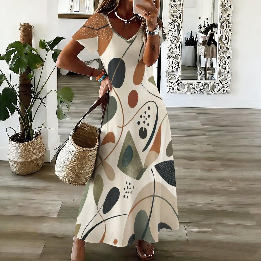 Women Plus Size V Neck Short Sleeve Geometric Printed Straight Long Dress