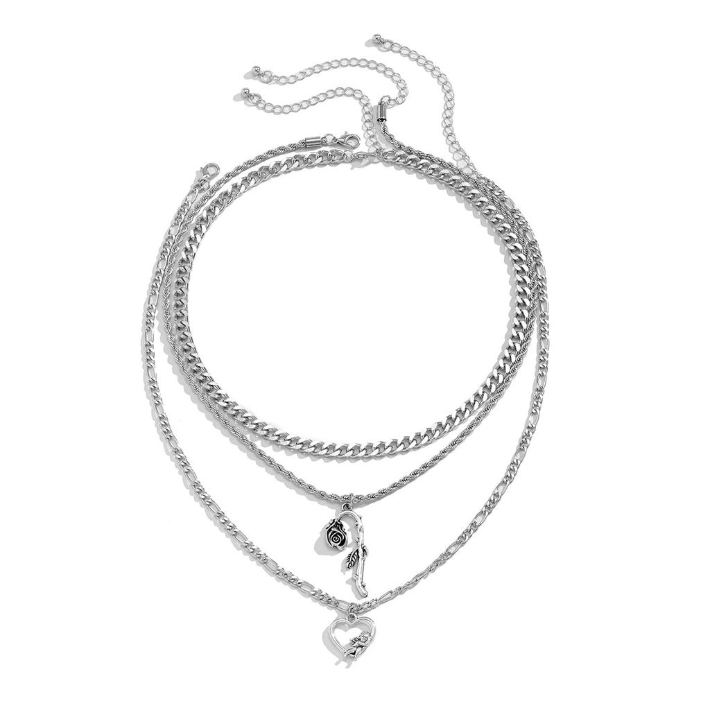 Necklace for Men New Rose Flower Pendant Personality Simple Metal Sweater Chain Minimalist Style Street Style Multi-layer Necklace