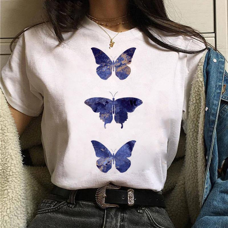 Short Sleeve Summer Fashion Women's Clothing Beautiful Watercolor Butterfly Printing White Ladies Casual Loose Personality TT-shirt