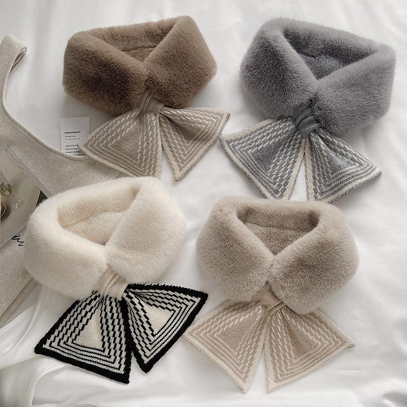 Winter Warm Solid Color Winter Neck Warmer Thicken Faux Rabbit Fur Plush Scarf Neck Warmer Cross Collar Scarf Cold Weather