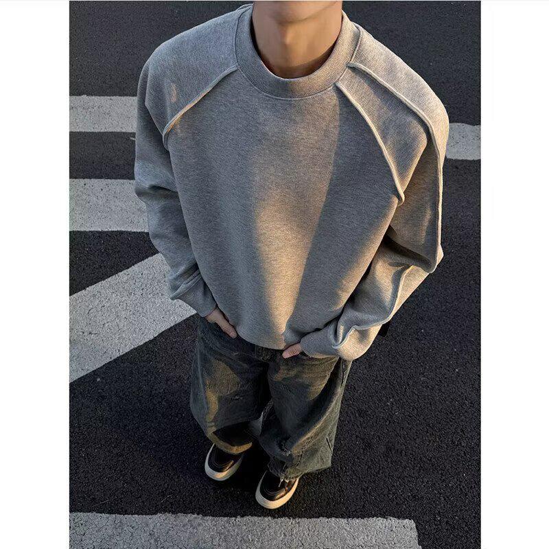 

Men s Solid Color Patchwork Round Neck Hoodie - Spring/Fall Casual Loose Fit M сірий колір