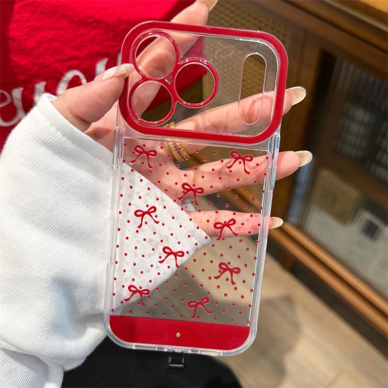 Burgundy bow mobile phone case iPhone16 voice-activated call flash anti-drop cover