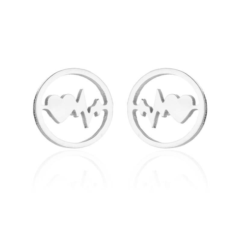 Stainless Steel Peach Heart ECG Earrings: European  American Round Hollow Studs for Couples