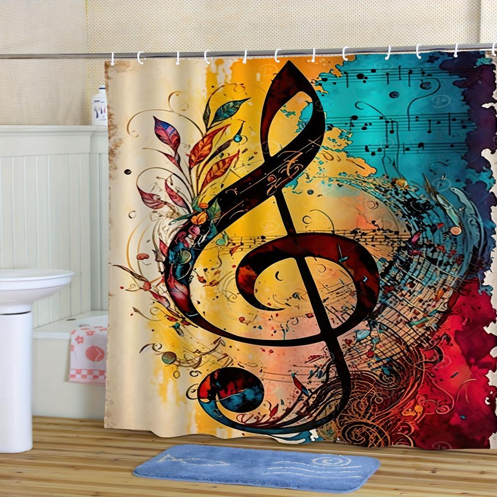 Modern Abstract Music Note Shower Curtain - Polyester, Vibrant Artistic Design, Musical Notes & Leaves, Easy Care,Includes Hooks