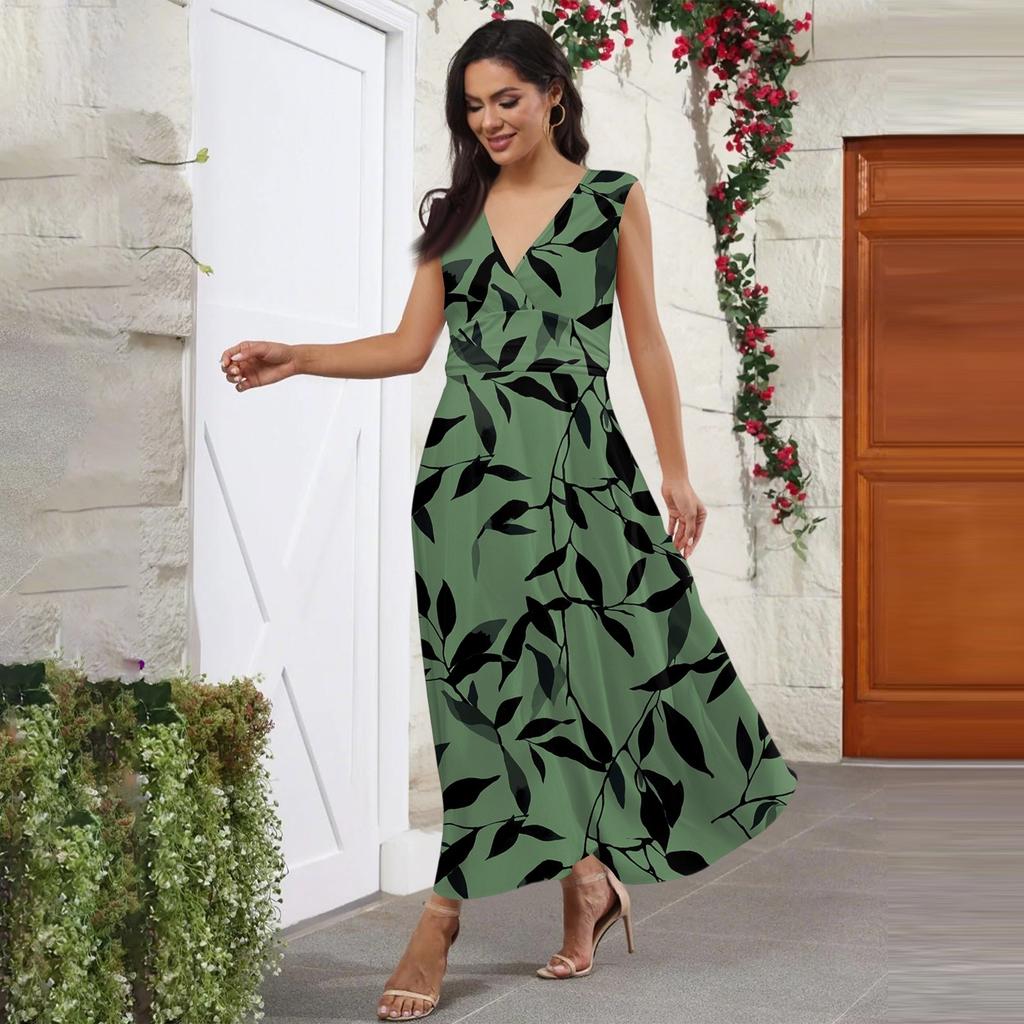 Damen Lässiges und Modisches Ärmelloses Kleid mit V-Ausschnitt und Blumenmuster Ärmelloses Kleid