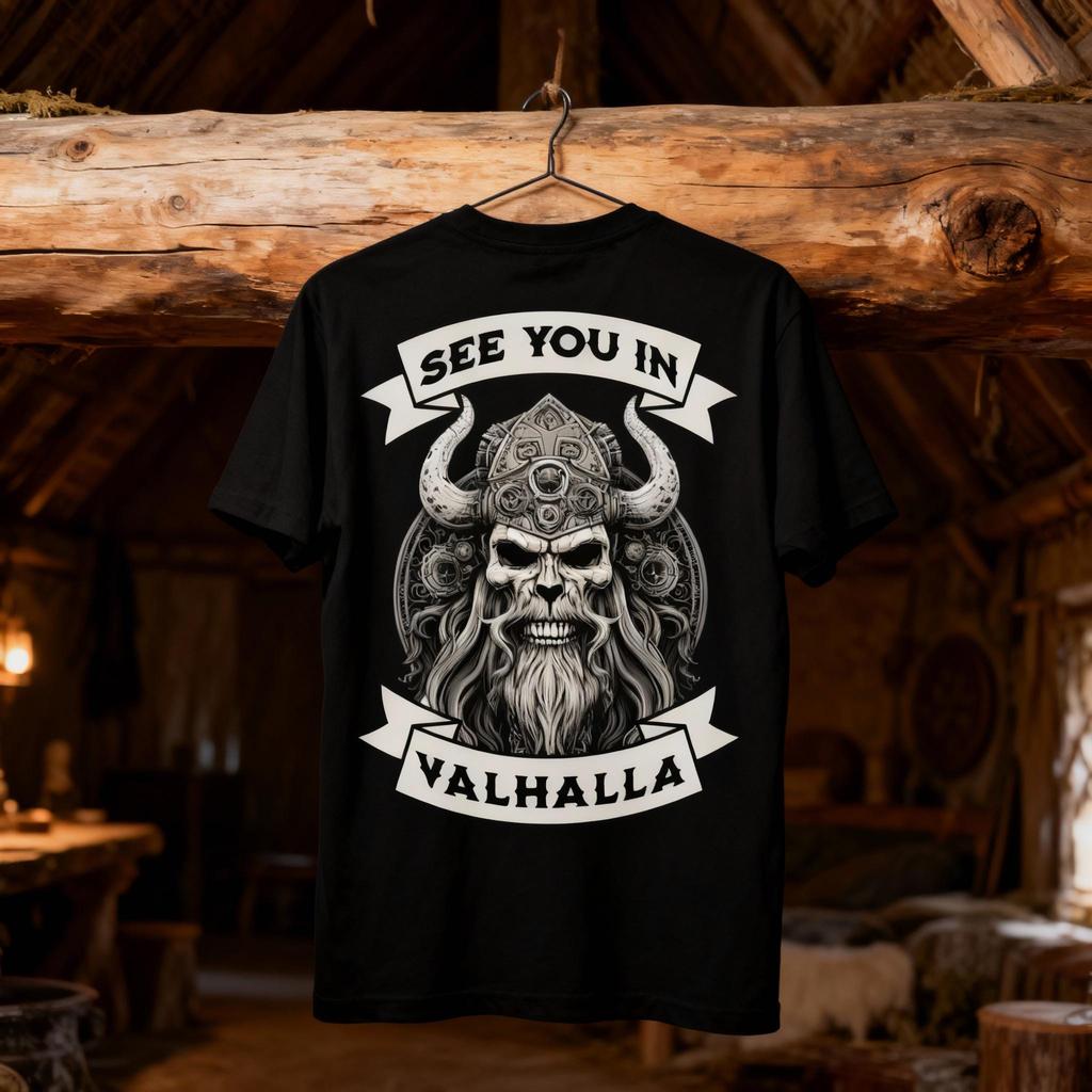 See You In Valhalla Men T Shirts Viking Skull Design Norse Mythology Tee for Men Women