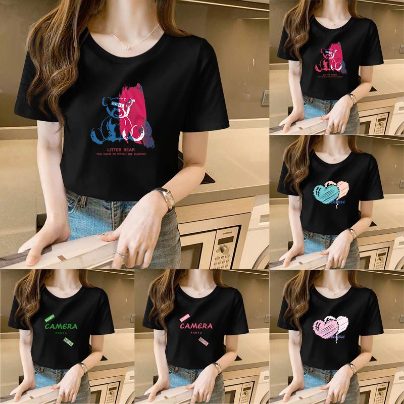 

Женская мода Хлопок 100% Черная футболка с коротким рукавом Cotaton Летний принт Простота Селфидосуг Спорт На открытом воздухе Футболка с коротким рукавом