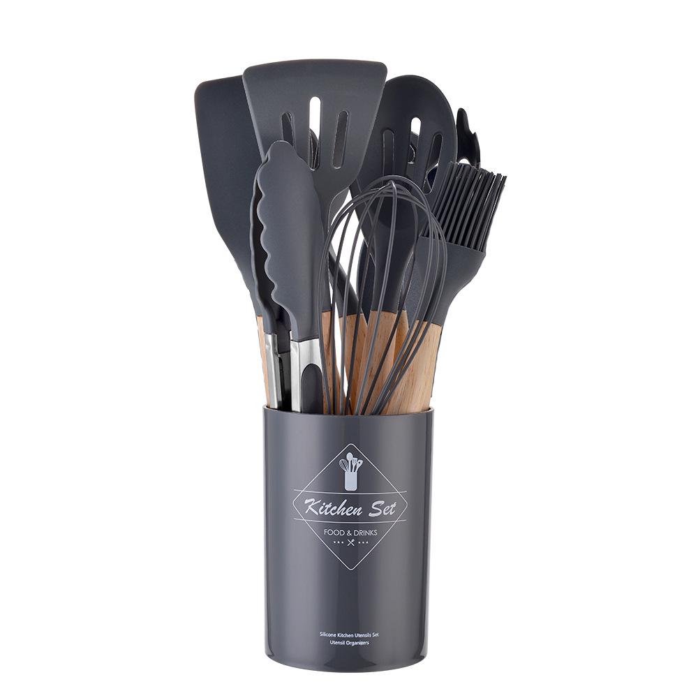 14-Piece Wooden Handle Silicone Kitchen Utensil Set with Storage Bucket for Non-Stick Cookware