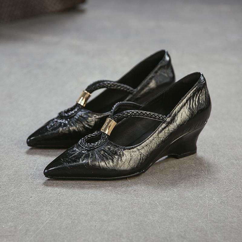 Johnature Retro Pointed Toe High Heels Versatile Genuine Leather And Comfortable Coarse Heels Women's Shoes
