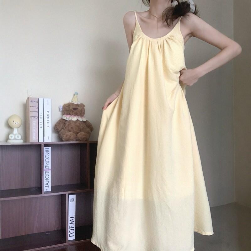 Jolie et douce longue chemise de nuit d'été avec coussinets de poitrine pour femme, nouveau pyjama sexy, peut être porté à l'extérieur, pure tenue d'intérieur