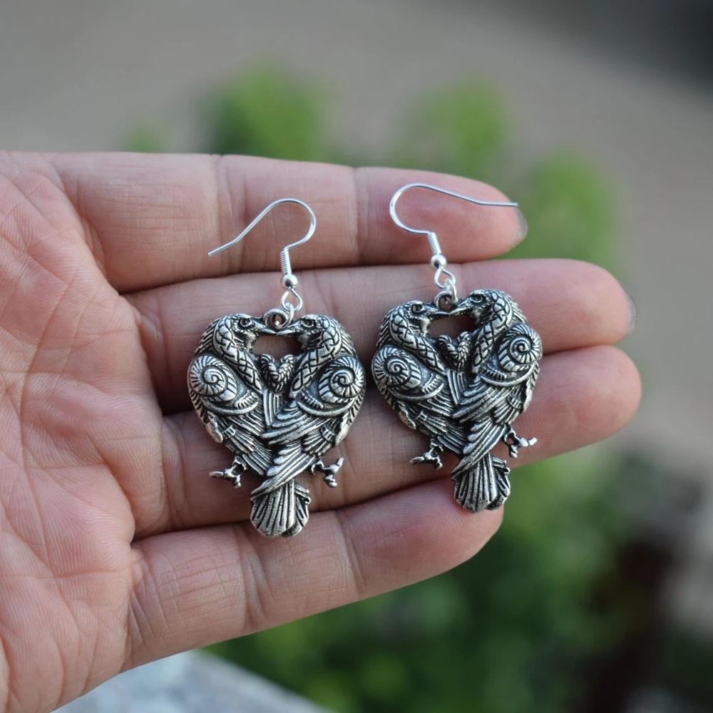 Norse Viking Wiccan Moon Phase Raven Earrings Stainless Steel Hook Handmade Jewelry