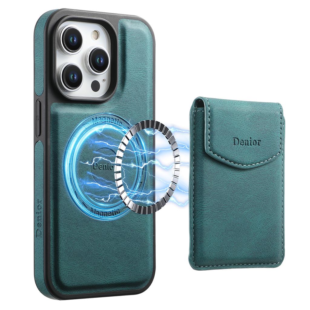 DENIOR D19 For iPhone 15 Pro Max Magnetic Case Leather+PC+TPU Cover with Detachable Card Bag