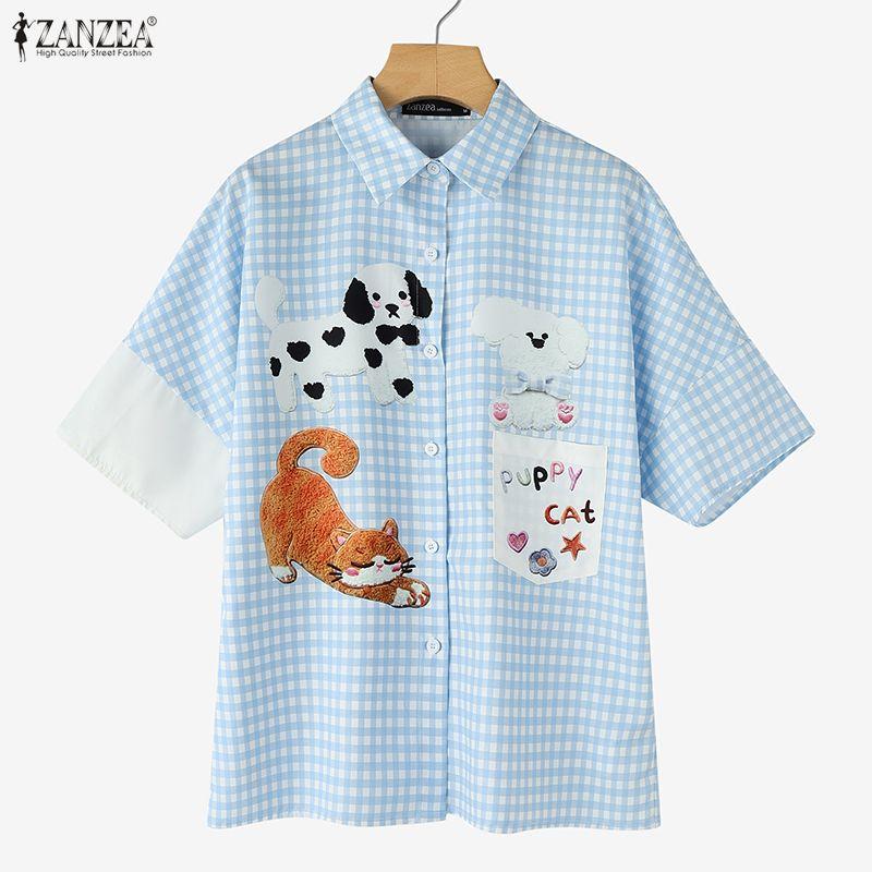 ZANZEA Women Casual Turn Down Collar Loose Short Sleeve Grid Print Blouse