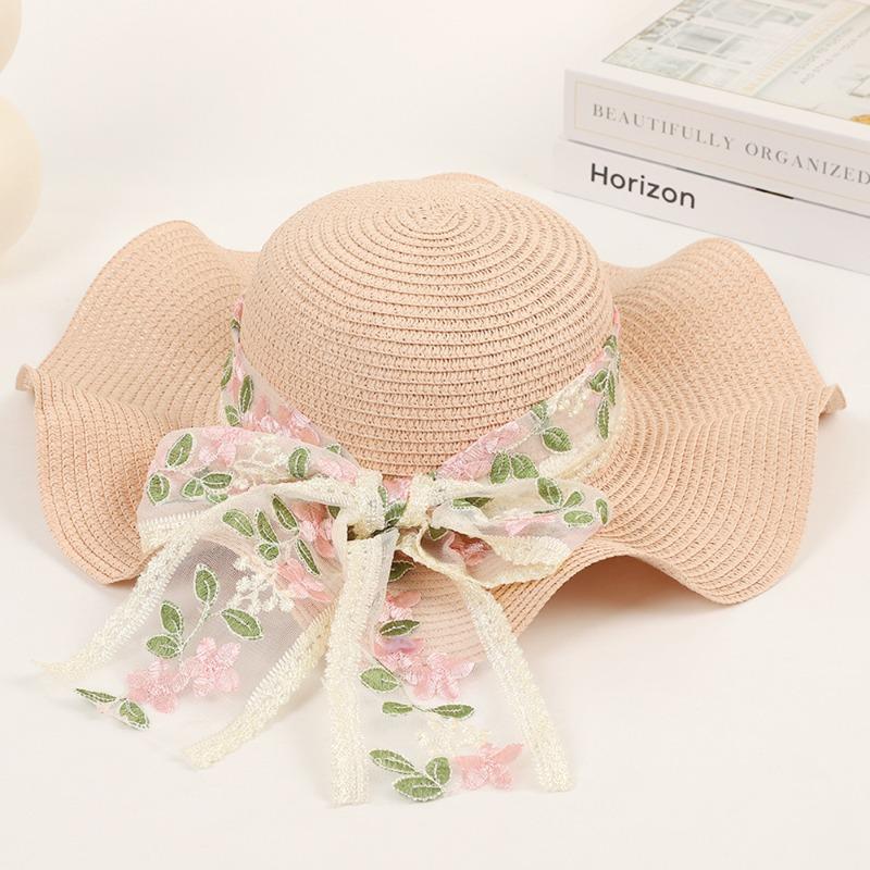 Hot Sale Flower Lace Ribbon Sun Hat Seaside Vacation Bow Sun Hat Wave Edge Stylish Straw Hat
