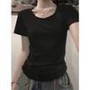 Women's Slim Fit Cotton T-Shirt: Short Sleeve, Solid Color, Straight Shoulder - Perfect Summer Base for a Trendy American Spicy Girl Look.