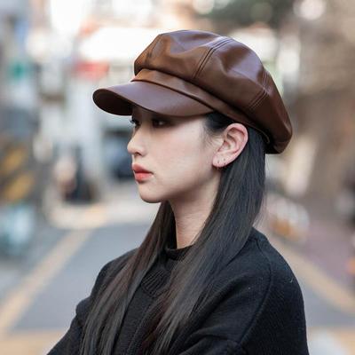 Fashion PU Leather Hats for Men Women Winter Warm Leather Newsboy Cap Female Korean Retro Octagonal Artist Painter Cabbie Beret