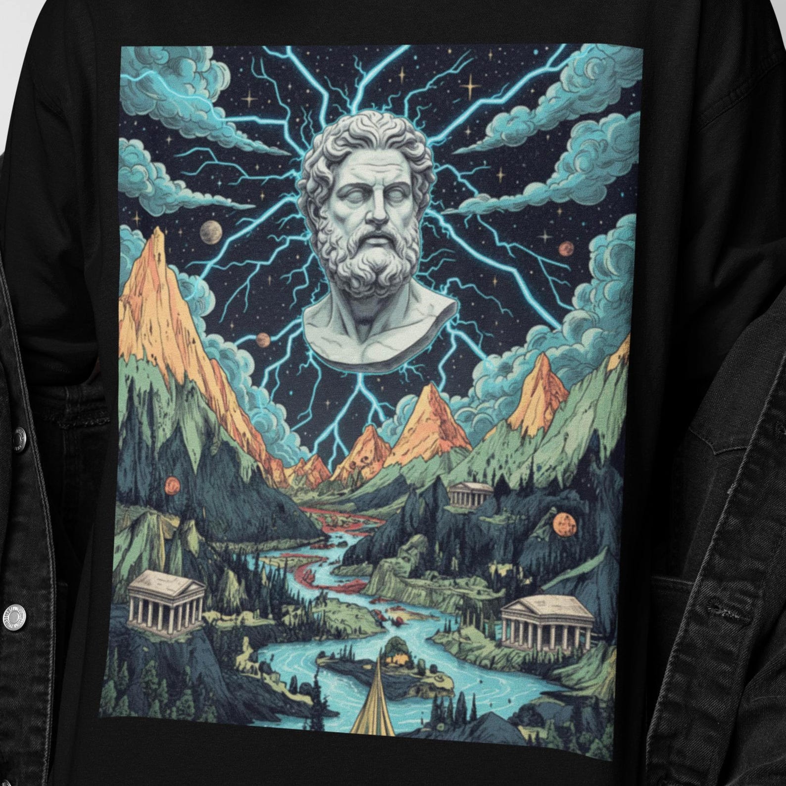 Greek Mythology Surreal T-shirt | Ancient Zeus God Graphic Shirt | Psychedelic Cosmic Lightning Art | Mythology Lover Gift 2XL