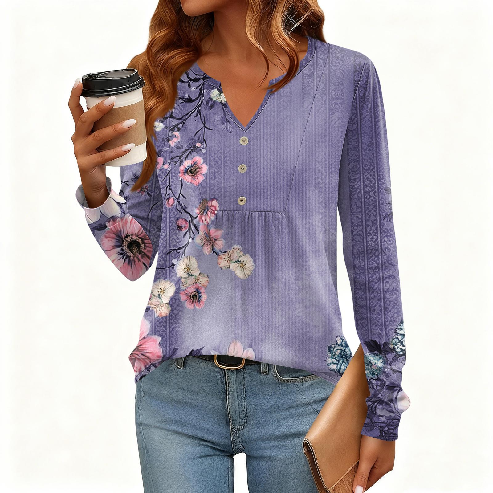

Women s Relaxed,Fit V,Neck Vintage Color,Blocked Floral Print Long,Sleeve Pullover Tee M