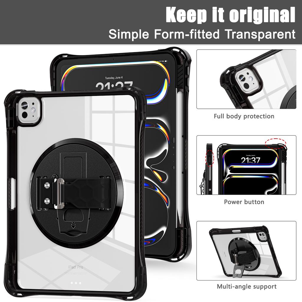 For iPad Pro 11 (2024) Case Hand Strap Kickstand PC+TPU+Acrylic Clear Tablet Cover