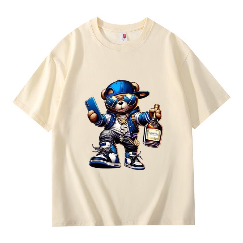 Men's Summer 100% Cotton Fashionable Casual Loose Large Size Cartoon Bear Printed Sports Round Neck Short Sleeve T-shirt Top