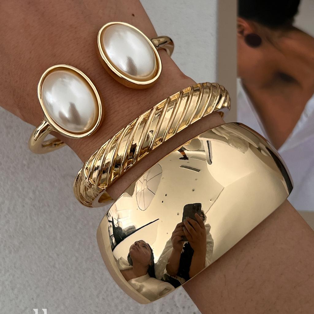 Ingemark Exaggerated Punk Smooth Heavy Metal Chunky Spring Bangles Women Hip Hop Gold Color Arm Bracelet Steampunk Men Jewelry