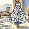 Women's A-Line Maxi Dress Blue & White Porcelain Style Sleeveless Flowy Summer Beach Vacation Dress Comfortable Elegant Casual Wear