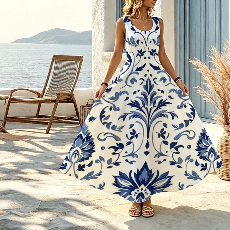 Women's A-Line Maxi Dress Blue & White Porcelain Style Sleeveless Flowy Summer Beach Vacation Dress Comfortable Elegant Casual Wear
