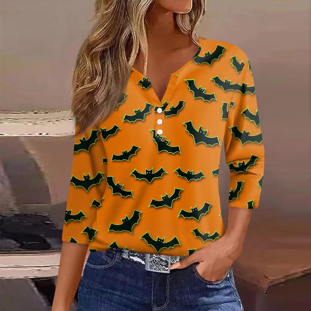 Women's T Shirt Halloween Print Button 3/4 Sleeve Daily Weekend Fashion Basic V- Neck Regular Top