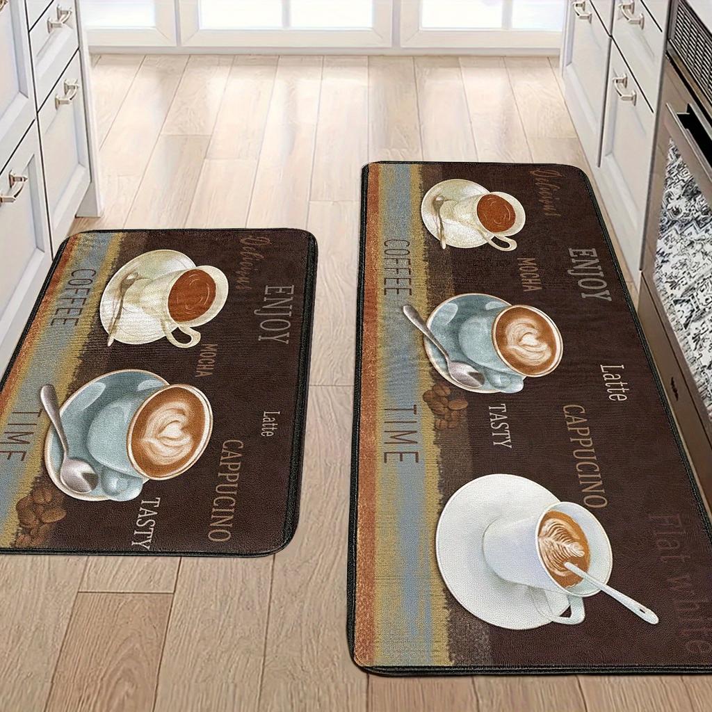 1 Stück Kaffeepause Muster Küchenteppich Rutschfeste Fußmatte Pop Design Badezimmerteppich Badematte Teppich für Zuhause Spüle Wäsche ecoreeree