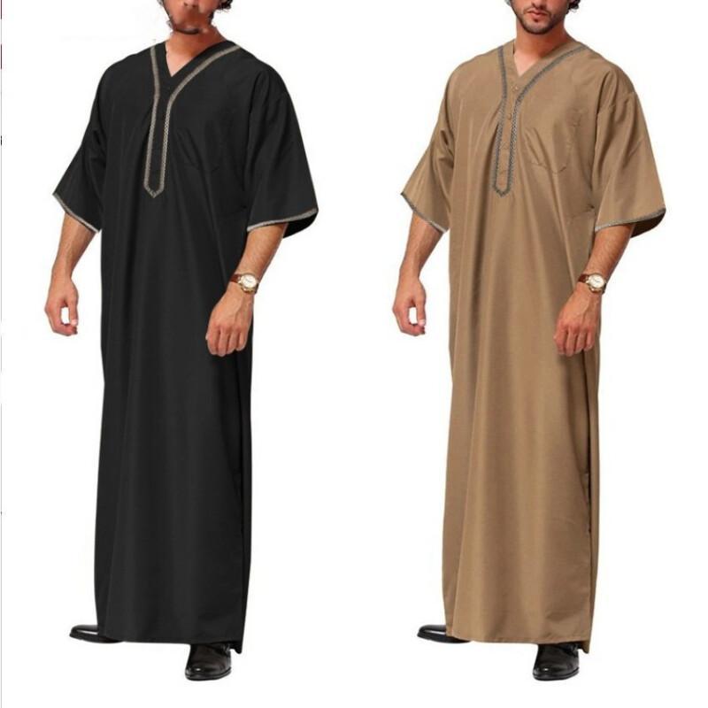 Men Muslim Islamic Kaftan Arab T Shirt Men Long Robevintage Middle Sleeve Robe Loose Dubai Saudi Long Top Ramadan Muslim Dress