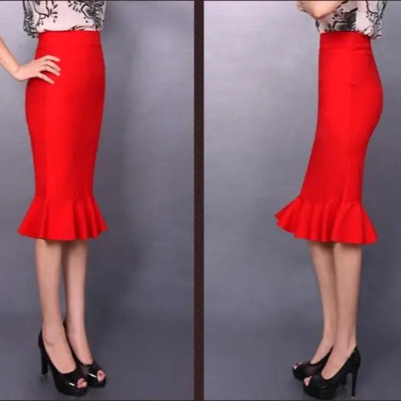 Female New Lotus Leaf Pack Hip Fish Skirt High Waist Sexy Stretch One Step Skirt Plus Size