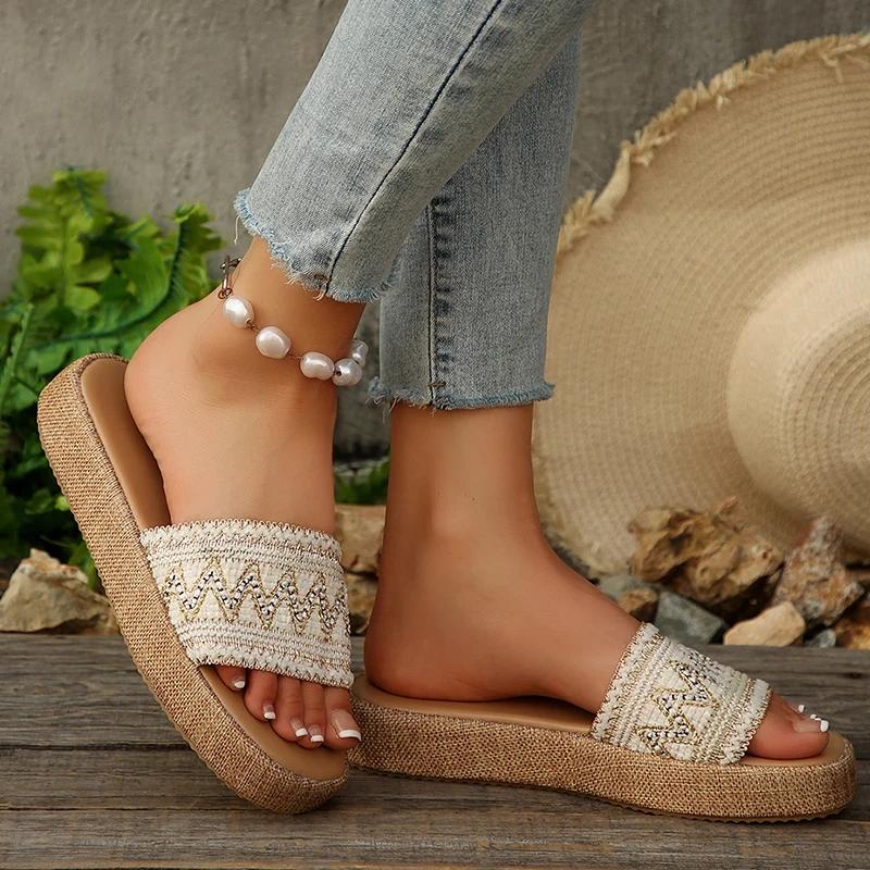 Fashion 2025 New Thick Bottom Bohemian Sandals Women Summer Woven Platform Slippers Woman Vintage Plus Size 36-43 Non Slip Slides Female