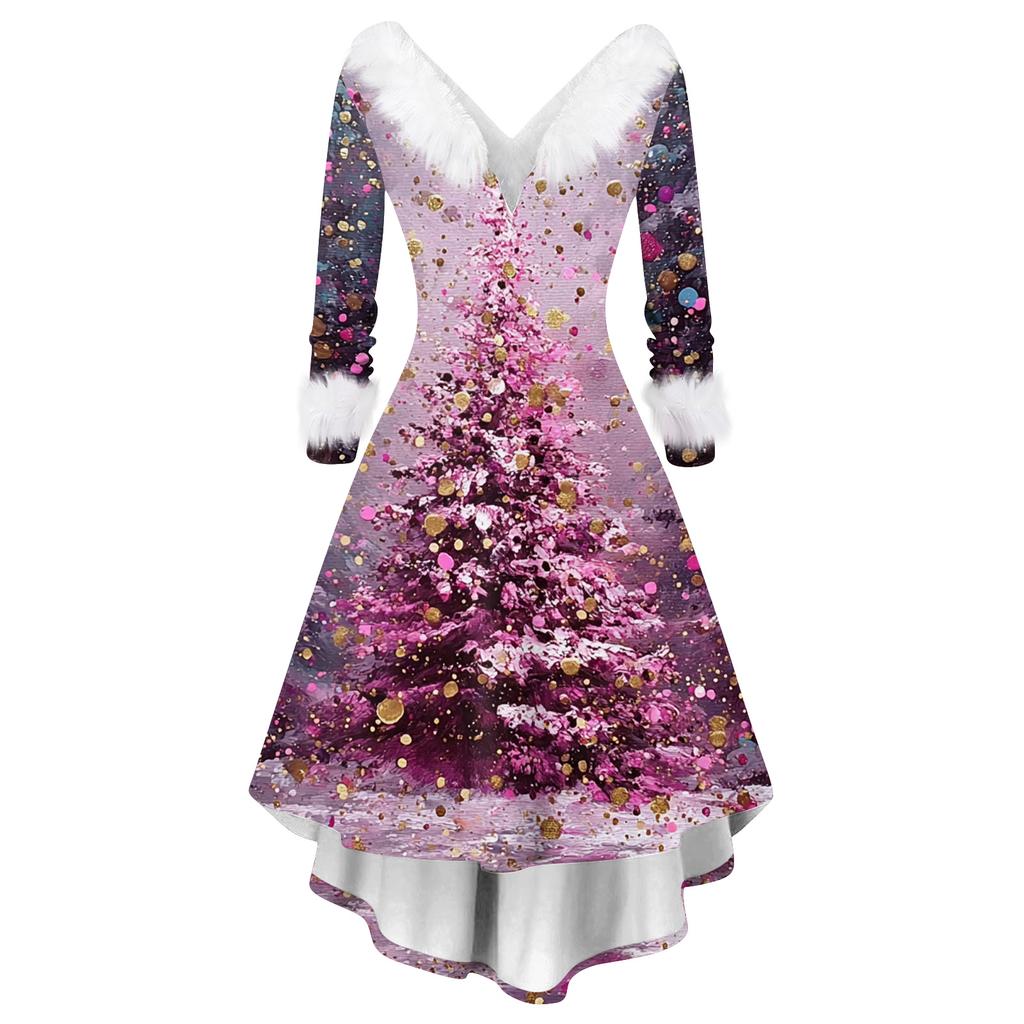 Women's Fashion Casual V-Neck Christmas Print Long Sleeve Dress
