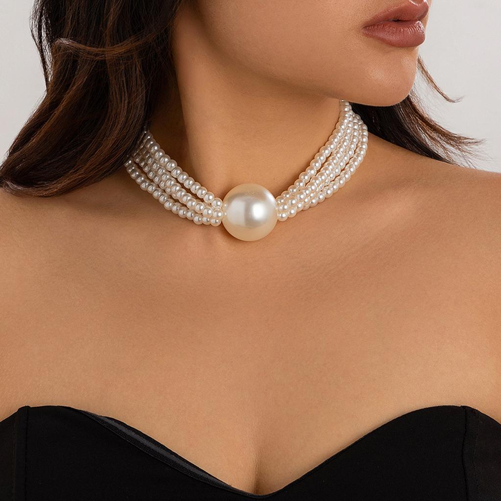 Exaggerated Large Round Bead Pearl Collarbone Item Jewelry Necklace Hip Hop Trend Multi-Layer Chain Necklace