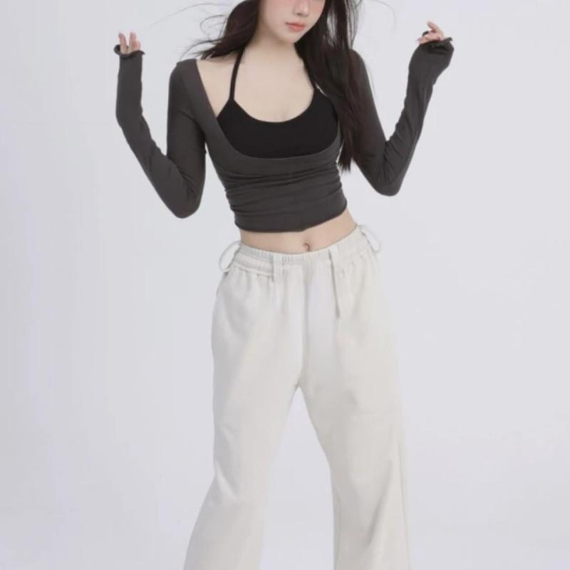 Two Pieces Set Y2k Aesthetic Harajuku T-shirts Halter Long Sleeve Tee Shirts Femme All Match Spaghetti Stap Patchwork Top Women