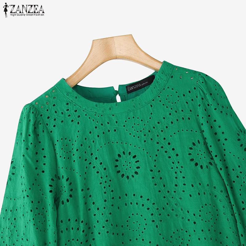 ZANZEA Dame Casual Rund Hals 3/4 Erme Løs Lappeteppe Heklet Bluse