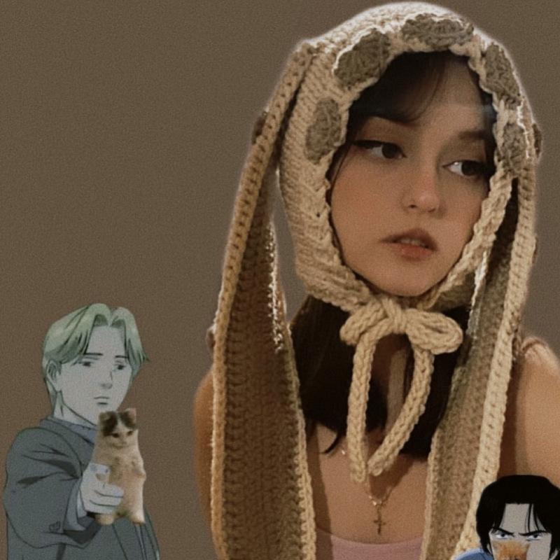 New Handmade Crocheted Solid Color Lace Horn Hat for Adults Funny Fashion Lace Pullover Hat