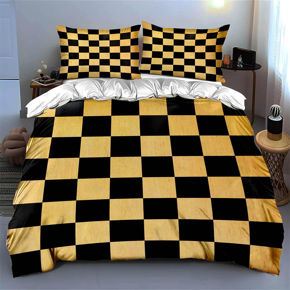 Schachbrettmuster schwarz gelb Bettwäsche Bettbezug-Sets Bettbezüge Kissenbezüge Geschenke (1 * Bettbezug 2 * Kissenbezüge, ohne Bettdecke)