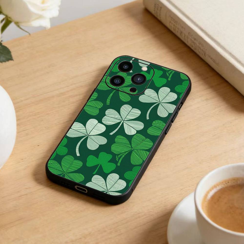 Lucky-Four-leaf Clover Phone Case For iPhone 17 16 15 14 13 12 Max Plus Silicone Black Cover