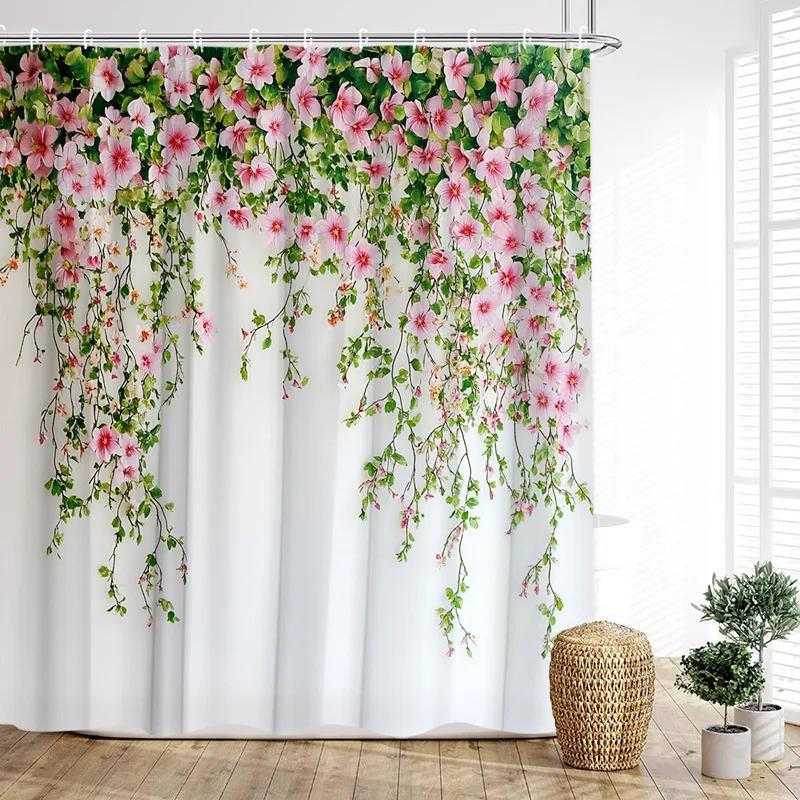Liane Floral Shower Curtain Pink Floral Country Plant Polyester Fabric Bathroom Curtain Hook for Home Decoration