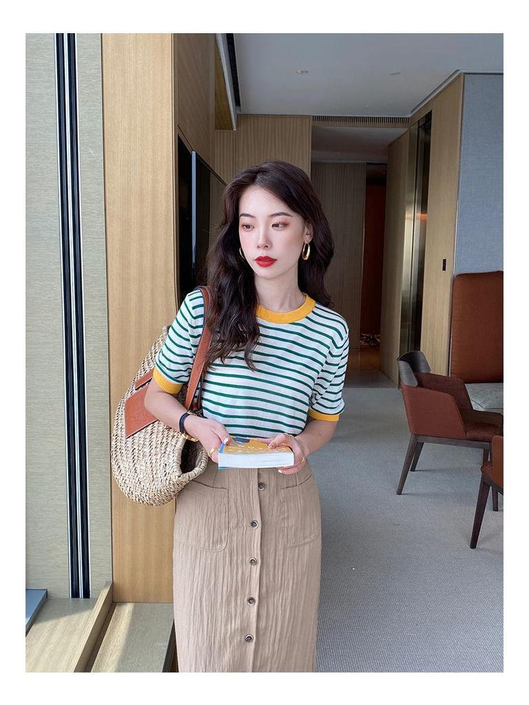 Ice Silk Short-Sleeve Knit Striped T-Shirt for Women, Plus Size Korean Style Summer Chic Top