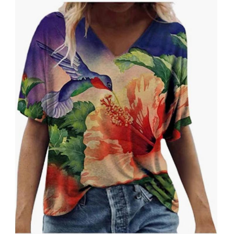 Summer V-neck 3D Feather Flower Printed Top Fashionable Casual Short Sleeved Women's T-shirts