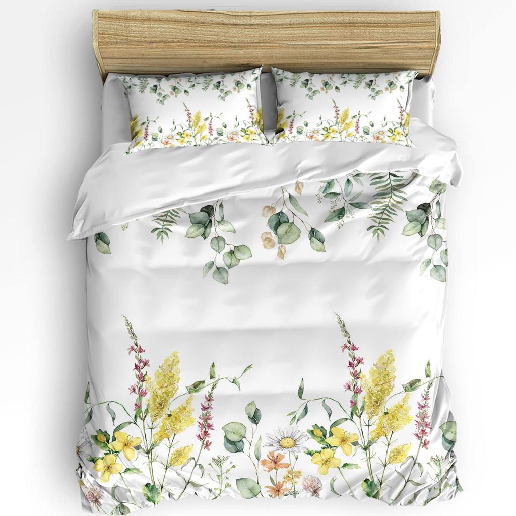 Floral Duvet Cover For Girls Boys Cute Botanical Leaves Bedding Set Kawaii Room Decor,Lovely Floral Herbs Flower Comforter Cover