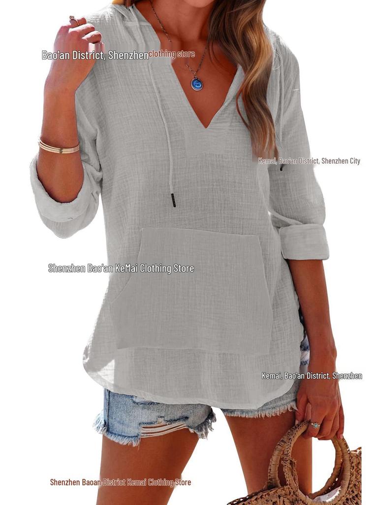 European & Asian 2025 Spring/Summer Women's V-Neck Long Sleeve Beach Hoodie with Pocket