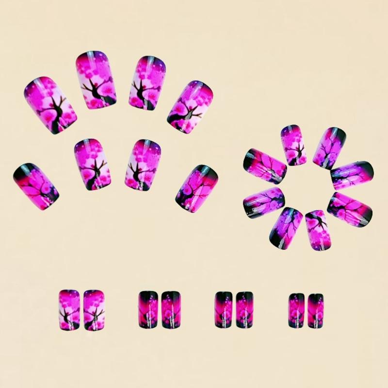 Square Press On Nail Flower Fake Nail Glues On Nail Artificial Acrylic Nail 24pcs Stick On Nail for Womens and Girls
