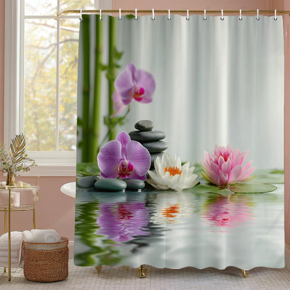 Zen Garden Bamboo Spa Stone Flower Theme Shower Curtain, Bathroom Decorative Shower Curtain, Print polyester Curtain with Hooks