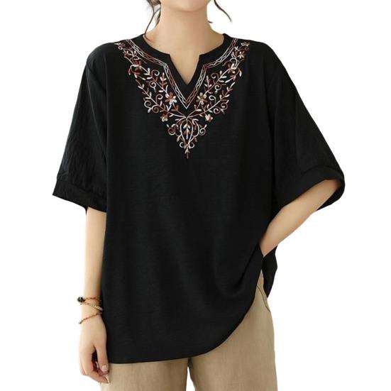 Women T-shirt Deep V Neckline Embroidery Floral Pattern Pullover Tops Pure Color Loose Fit