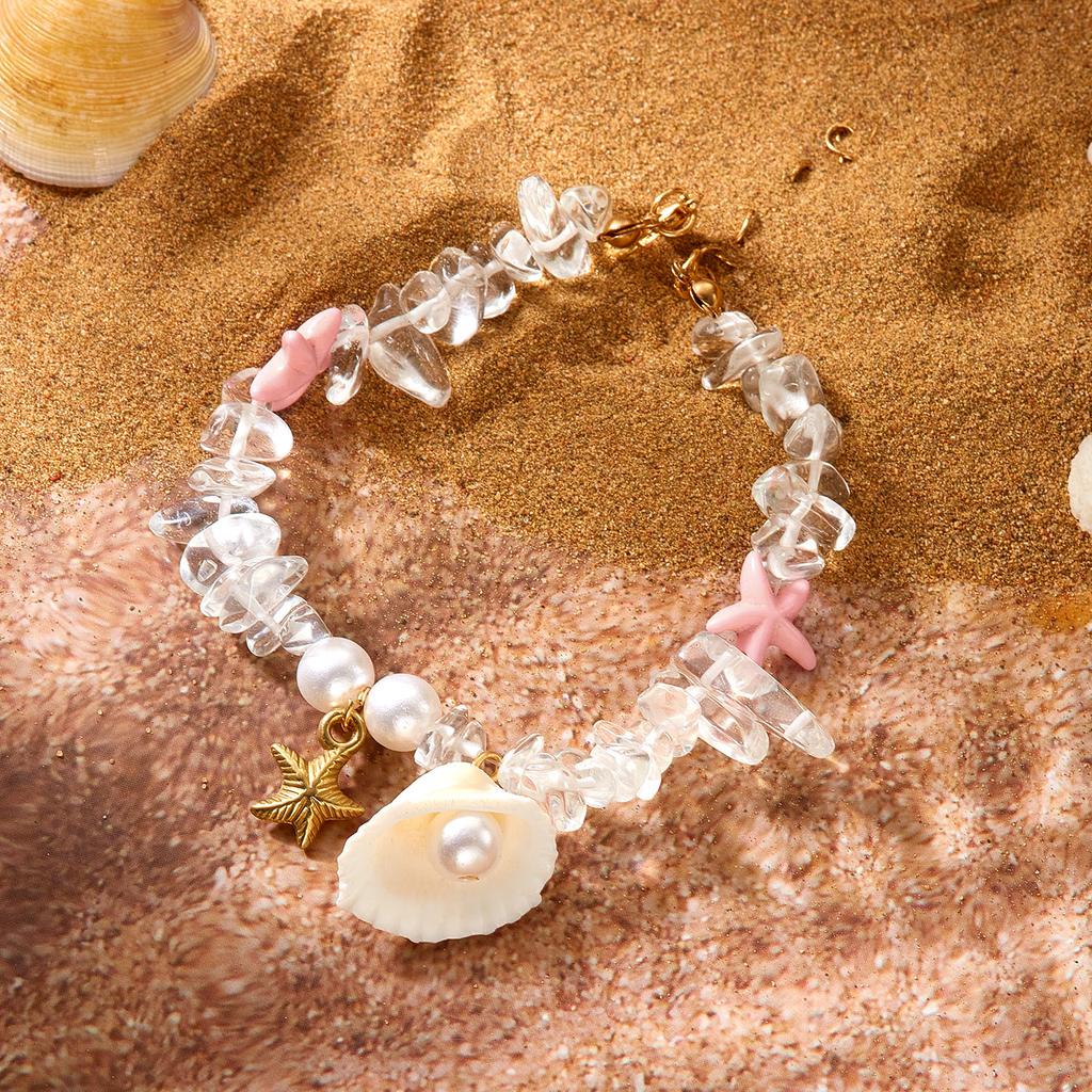 Rinhoo Imitation Pearl Shell Pendant Bracelet for Women Starfish Crushed Stone Charm Bracelet Summer Beach Jewelry