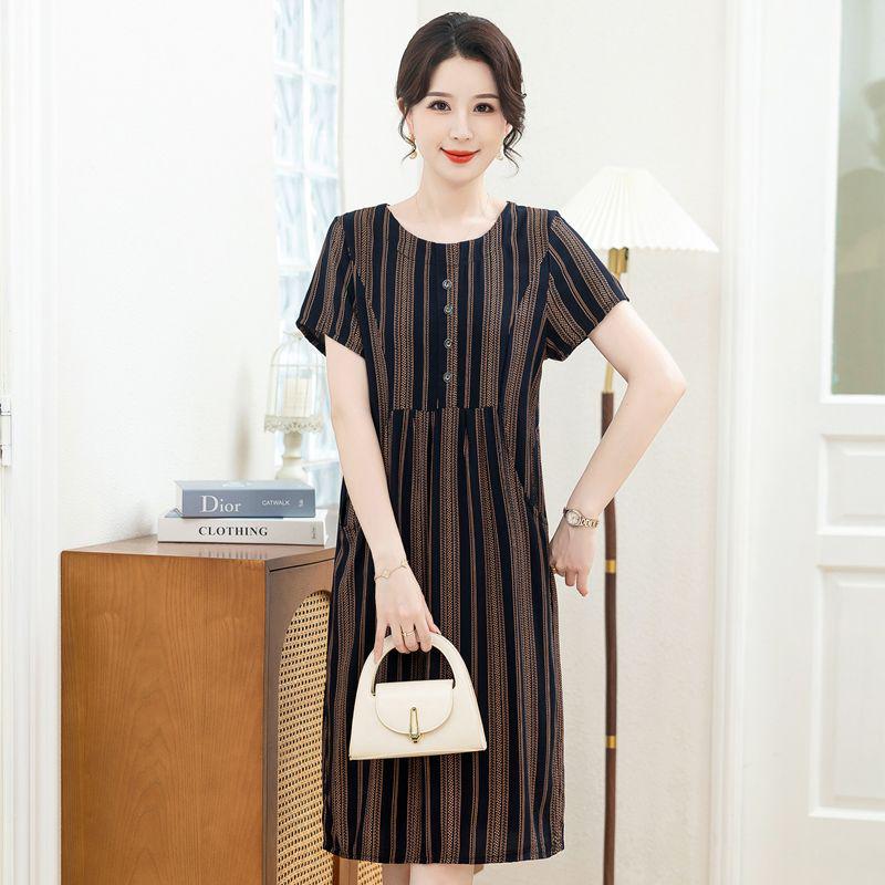 New Arrival Summer Cotton-Silk Knee-Length Loose Plus Size Short-Sleeved Dress for Mom