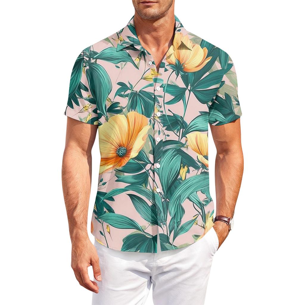 Casual losvallend herenshirt met korte mouwen, tropische bloemenprint, knoopsluiting, voor zomer, strand, buiten